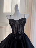 Niulatu A-line Sweetheart Neck Lace Satin Short Prom Dress, Black Homecoming Dress HZ1108