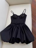 Niulatu A-line Sweetheart Neck Lace Satin Short Prom Dress, Black Homecoming Dress HZ1108
