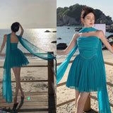 Niulatu blue A-line strapless chiffon short prom dress, lake blue homecoming dress HZ1108