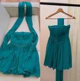 Niulatu blue A-line strapless chiffon short prom dress, lake blue homecoming dress HZ1108