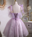 Niulatu A-line sweetheart neckline tulle lace short prom dress, purple homecoming dress HZ1108