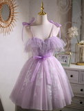 Niulatu A-line sweetheart neckline tulle lace short prom dress, purple homecoming dress HZ1108