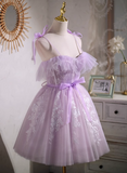 Niulatu A-line sweetheart neckline tulle lace short prom dress, purple homecoming dress HZ1108