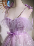 Niulatu A-line sweetheart neckline tulle lace short prom dress, purple homecoming dress HZ1108