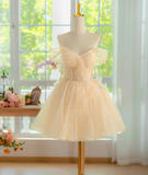Niulatu A-line off shoulder tulle lace short prom dress, champagne homecoming dress HZ1108
