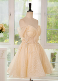 Niulatu A-line off shoulder tulle lace short prom dress, champagne homecoming dress HZ1108