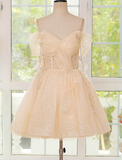 Niulatu A-line off shoulder tulle lace short prom dress, champagne homecoming dress HZ1108