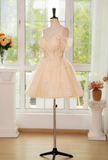 Niulatu A-line off shoulder tulle lace short prom dress, champagne homecoming dress HZ1108