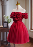 Niulatu A-line off-the-shoulder tulle short prom dress, Burgundy engagement dress homecoming dress HZ1108