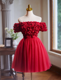 Niulatu A-line off-the-shoulder tulle short prom dress, Burgundy engagement dress homecoming dress HZ1108