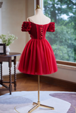 Niulatu A-line off-the-shoulder tulle short prom dress, Burgundy engagement dress homecoming dress HZ1108