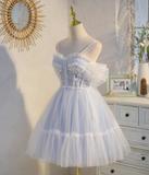 Niulatu blue A-line tulle lace beaded short prom dress, light blue homecoming dress HZ1108