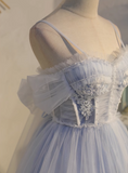 Niulatu blue A-line tulle lace beaded short prom dress, light blue homecoming dress HZ1108