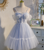 Niulatu blue A-line tulle lace beaded short prom dress, light blue homecoming dress HZ1108