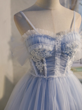 Niulatu blue A-line tulle lace beaded short prom dress, light blue homecoming dress HZ1108