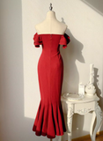 Niulatu Burgundy Off-the-shoulder Fishtail Dress Slim Fit Party Dress HZ1108