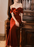 Niulatu Burgundy Off-the-shoulder Fishtail Dress Slim Fit Party Dress HZ1108
