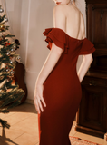 Niulatu Burgundy Off-the-shoulder Fishtail Dress Slim Fit Party Dress HZ1108