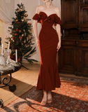 Niulatu Burgundy Off-the-shoulder Fishtail Dress Slim Fit Party Dress HZ1108