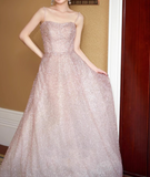 Niulatu A-line tulle beaded long prom dress, pink formal long dress HZ1108