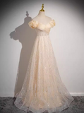 Niulatu A-line off-the-shoulder tulle sequined long prom dress, sweet 16 dress HZ1108