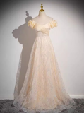 Niulatu A-line off-the-shoulder tulle sequined long prom dress, sweet 16 dress HZ1108