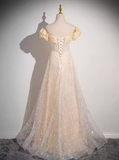 Niulatu A-line off-the-shoulder tulle sequined long prom dress, sweet 16 dress HZ1108