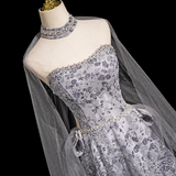 Niulatu A-line Sweetheart Neck Tulle Rhinestone Long Prom Dress, Grey Formal Long Dress HZ1108