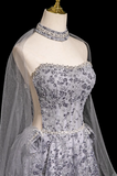 Niulatu A-line Sweetheart Neck Tulle Rhinestone Long Prom Dress, Grey Formal Long Dress HZ1108