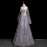 Niulatu A-line Sweetheart Neck Tulle Rhinestone Long Prom Dress, Grey Formal Long Dress HZ1108