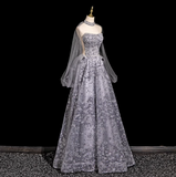 Niulatu A-line Sweetheart Neck Tulle Rhinestone Long Prom Dress, Grey Formal Long Dress HZ1108
