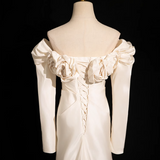 Niulatu Mermaid Off Shoulder Long Satin Prom Dress, Beige Formal Dress HZ1108