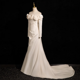 Niulatu Mermaid Off Shoulder Long Satin Prom Dress, Beige Formal Dress HZ1108