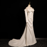 Niulatu Mermaid Off Shoulder Long Satin Prom Dress, Beige Formal Dress HZ1108