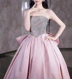Niulatu A-line satin sequin long prom dress, pink formal dress HZ1108