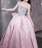 Niulatu A-line satin sequin long prom dress, pink formal dress HZ1108