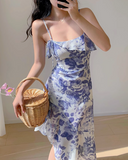 Niulatu retro ruffle hem purple floral suspender dress HZ1108