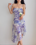 Niulatu retro ruffle hem purple floral suspender dress HZ1108