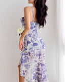 Niulatu retro ruffle hem purple floral suspender dress HZ1108