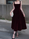 Niulatu Retro Burgundy A-Line Square Neck Velvet Dress for Birthday&Graduation HZ1108