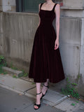 Niulatu Retro Burgundy A-Line Square Neck Velvet Dress for Birthday&Graduation HZ1108
