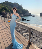 Niulatu Blue Mermaid Halter Neck Long Prom dress Evening Dress HZ1108