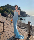 Niulatu Blue Mermaid Halter Neck Long Prom dress Evening Dress HZ1108