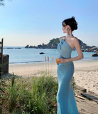 Niulatu Blue Mermaid Halter Neck Long Prom dress Evening Dress HZ1108