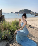 Niulatu Blue Mermaid Halter Neck Long Prom dress Evening Dress HZ1108