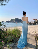 Niulatu Blue Mermaid Halter Neck Long Prom dress Evening Dress HZ1108