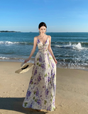 Niulatu V-neck purple printed suspender dress HZ1108