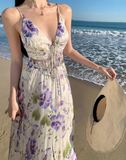 Niulatu V-neck purple printed suspender dress HZ1108