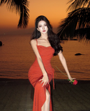 Niulatu Swing Neck Shiny Silk Suspender Fishtail Skirt HZ1108