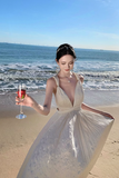 Niulatu A-line halterneck long dress, backless beach dress HZ1108